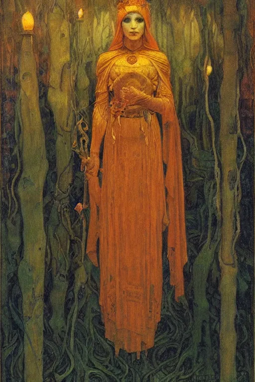 Image similar to queen of the swamp with her lantern by Annie Swynnerton and Nicholas Roerich and jean delville, strong dramatic cinematic lighting , ornate headdress , flowing robes, lost civilizations, smooth, sharp focus, extremely detailed