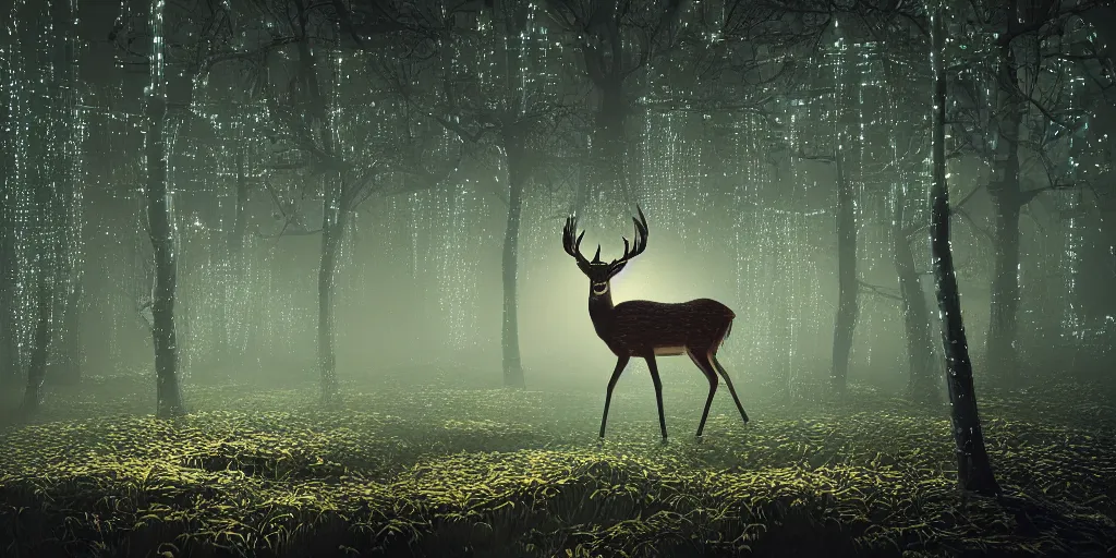 Prompt: a single deer in an ethereal electronic forest made from glowing circuits and electronics, highly detailed concept art, cinematic framing, 3 d, dark, moody, led