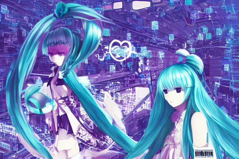 Prompt: fractal hatsune miku gnu / linux desktop environment, romance novel cover, cookbook photo, in 1 9 9 5, y 2 k cybercore, industrial photography, still from a ridley scott movie