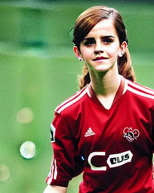 Image similar to a portrait of emma watson as a lokomotiv football player, hyper realistic