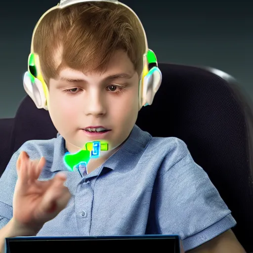 Prompt: photorealistic portrait of a young boy using and advanced AI assisted thought accelerator computer to brain interface