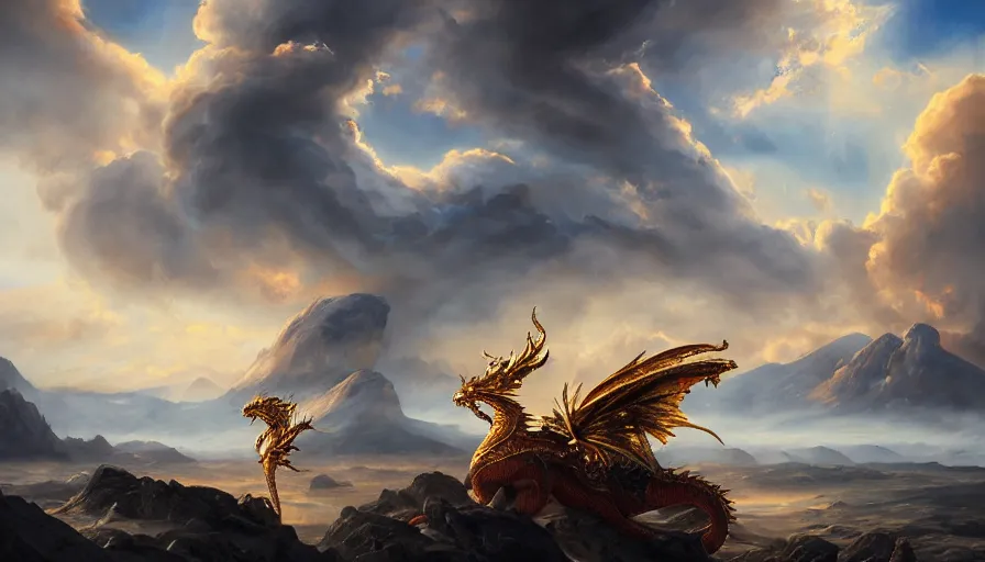 Image similar to epic golden dragon in a nordic landscape under bright daylight with very, very, very beautiful clouds, painted by Hans Fredrik Gude, Greg Rutkowksi, Peter Mohrbacher and Artgerm, concept art 2022, ultra realistic masterpiece, contrasting details vs blank areas, oil on canvas