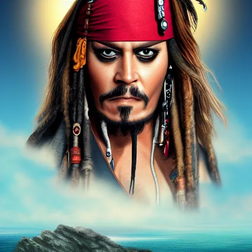 Prompt: Captain Jack Sparrow is looking all over an island for his rum, where is his rum, why is the rum gone, the moon is rising on the horizon, stars glistening in the night, hyperdetailed, artstation, cgsociety, 8k