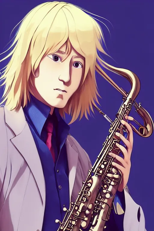 Image similar to wide view of a hippie Blonde Guy Short Hair Sharp fine face playing sax, pretty face, realistic shaded Perfect face, fine details. Anime. by makoto sinkai, katsuhiro otomo ghost in the shell movie scene, magali villeneuve, artgerm, rutkowski