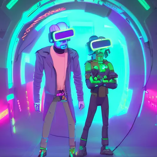 Image similar to cyberpunk rick and morty bot, cinema 4 d, galaxy space sci - fi, wearing vr goggles, illustration, portrait, pastel neon textured background night, trending on artstation, greg rutkowski, octane rendered, 1 2 k, detailed,