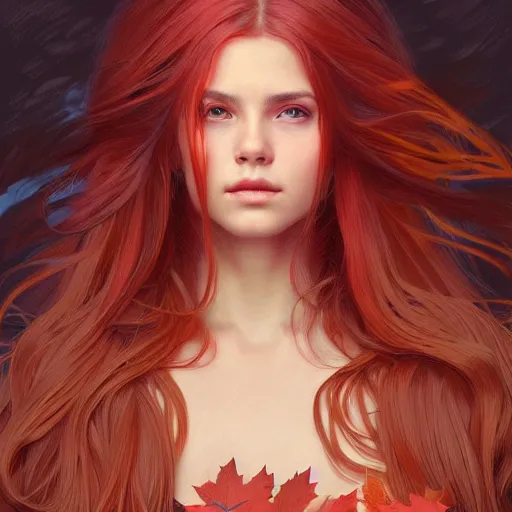 Image similar to girl with super long hair, hair becoming autumn red leaves, intricate, highly detailed, digital painting, artstation, concept art, smooth, sharp focus, illustration, unreal engine 5, 8 k, art by artgerm and greg rutkowski and alphonse mucha