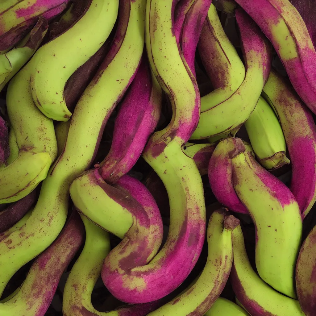 Image similar to very ripe patchwork bananas placed like a complex fractal, cracked, vegetable foliage, art nouveau fractal with petal shape, and stems, mesh roots. closeup, hyper real, food photography, high quality