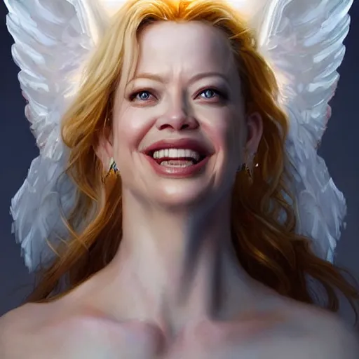 Image similar to Portrait of Jeri Ryan as a beautiful pale laughing angelic maiden with angel wings, and a glowing halo, white lighting, digital art by Ruan Jia and Mandy Jurgens and Artgerm, highly detailed, trending on artstation, award winning,