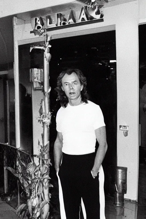 Image similar to Tony Blair with a mullet hair style, dressed in white 1980s tracksuit and trainers, standing outside a nightclub