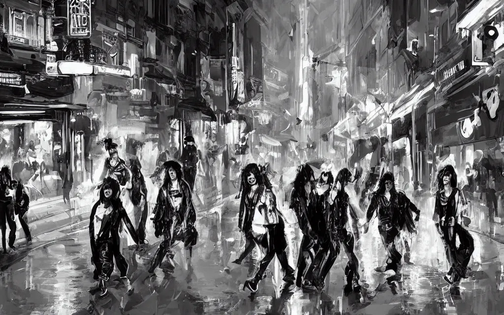 Prompt: concept art, glam rockers dressed as hooligans and whores, walking down a wet helsinki street at night by roger deakins, in the style of syd mead and liam wong