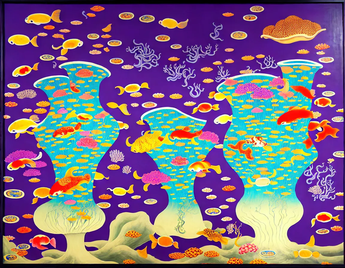 Prompt: vase of mushroom in the sky and under the sea decorated with a dense field of stylized scrolls that have opaque purple outlines, with koi fishes, octopus, sponges, ambrosius benson, kerry james marshall, afrofuturism, oil on canvas, history painting, hyperrealism, light color, no hard shadow, around the edges there are no objects