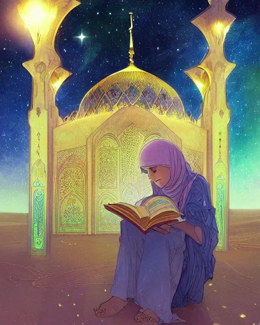 Image similar to bedouin child reading the quran inside of the mosque in the galaxy surrounded by nebula, highly detailed, gold filigree, romantic storybook fantasy, soft cinematic lighting, award, disney concept art watercolor illustration by mandy jurgens and alphonse mucha and alena aenami, pastel color palette, featured on artstation