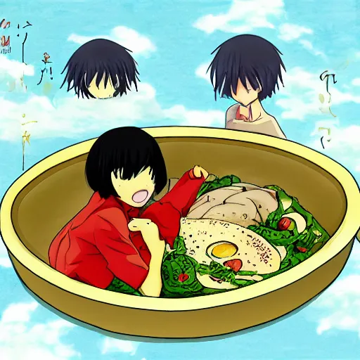 Image similar to An anime illustration of dish with a friend fish and eggs