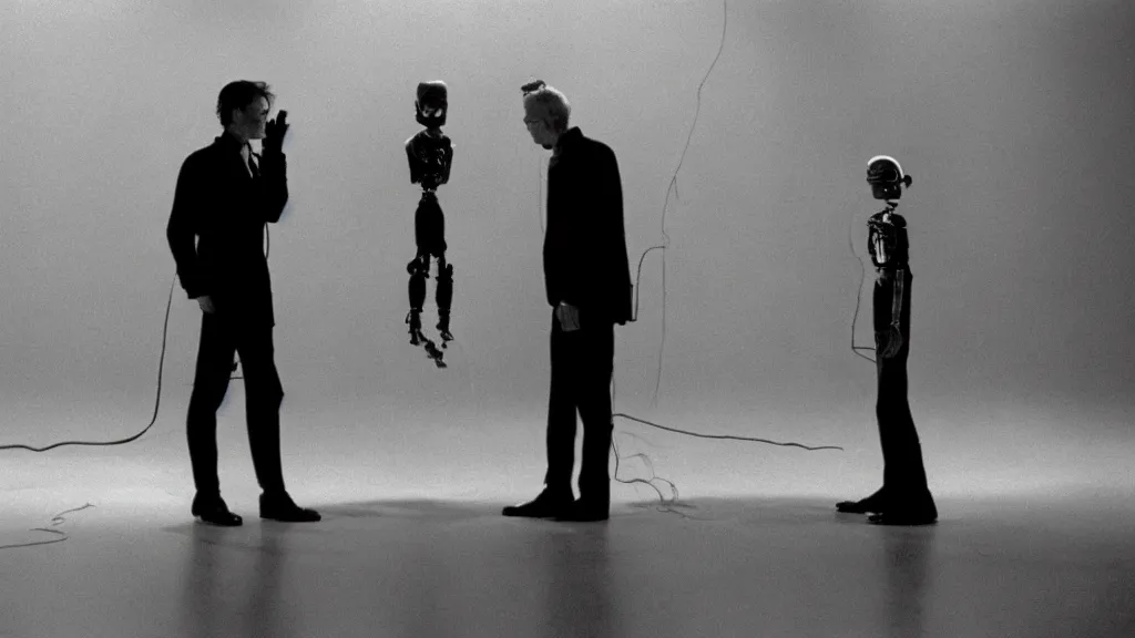 Image similar to movie scene of a man and a robot having a moment of jealousy, movie still, cinematic composition, cinematic light, by david lynch and andrzej zuławski