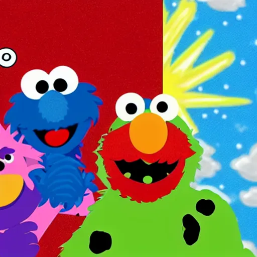 Prompt: the creation of adam but with elmo and the cookie monster instead, sesame street, in an absurdist style, heavenly, cosmic, god rays, intricate detail, 8 k,