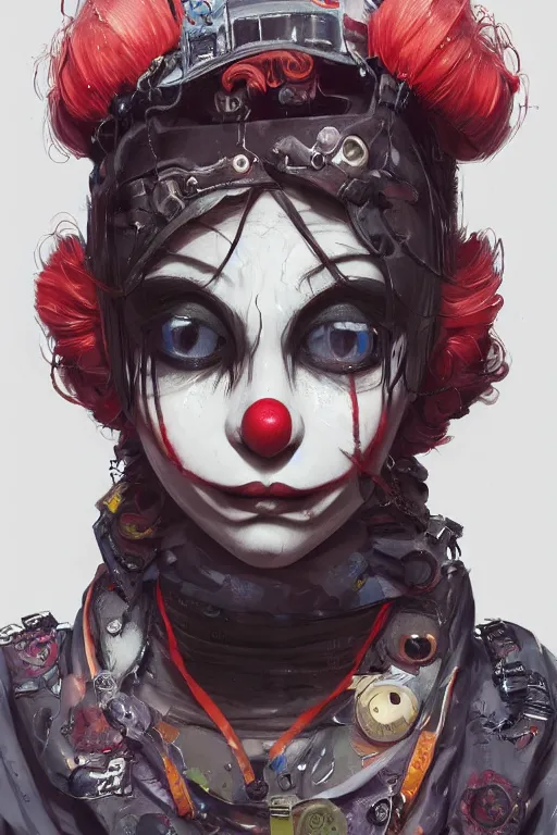 Image similar to by kyoto animation, very creepy clown girl, wearing cyberpunk intricate streetwear, beautiful, detailed portrait, intricate complexity, ilya kuvshinov, cell shaded, 4 k, concept art, by wlop, ilya kuvshinov, artgerm, krenz cushart, greg rutkowski, sharp focus, volumetric lighting, cinematic lighting, studio quality