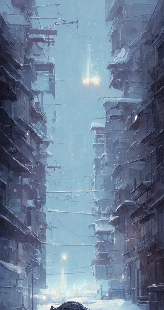 Prompt: Parked in a snowy city, bright, simple aesthetic, by Studio Ghibli and Greg Rutkowski, artstation