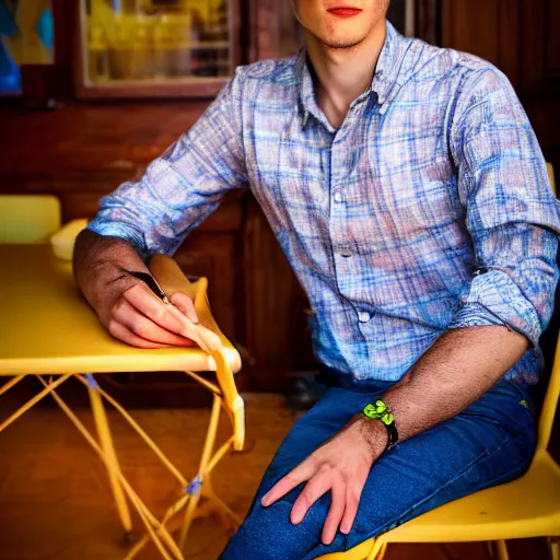 Image similar to photograph of a young frenchman seated at a table in 2 0 2 0. colorful, award winning photography, 5 0 mm, extremely detailed face