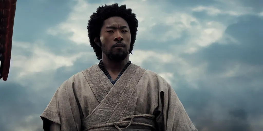 Image similar to a film still of a black man starring in a japanese blockbuster film as san ancient samurai, shallow depth of field, cinematic, award winning cgi, vfx, film still