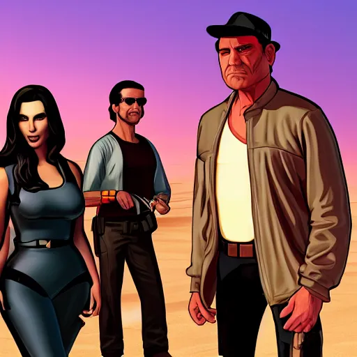 Image similar to gta vice city loading screen kim kardashian and ben shapiro in star wars episode 3 and indiana jones bruce willis and lady and the tramp on crack ultra detail