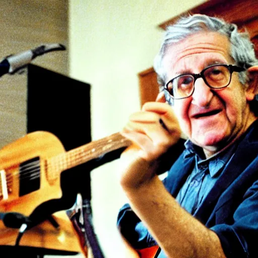 Prompt: Noam Chomsky playing an epic guitar solo