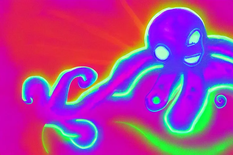 Image similar to digital art of a neon purple octopus floating in space by flooko, neon outline, sharp lines, blurry background (arcylic), ((synthwave)),