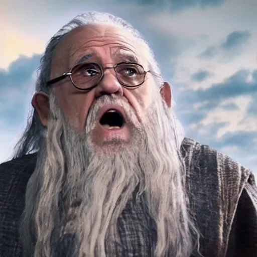 Image similar to danny devito starring as gandalf the white in the 2 0 2 4 lord of the rings movie, full body, hyper realistic, high quality, wide angle