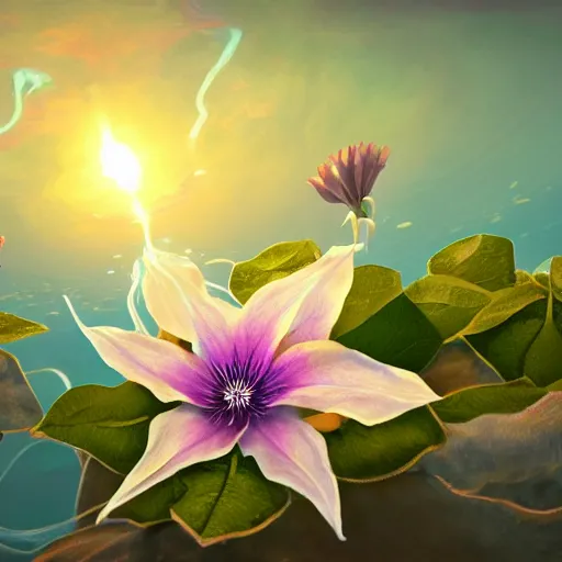 Image similar to clematis theme logo, clematis theme banner, clematis design, clematis in the deep sea, trending on artstation, warm light, lovely and cute, fantasy art, 8 k resolution