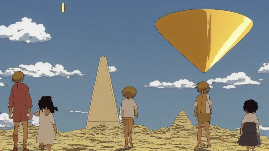 Image similar to a movie still from a studio ghibli film showing a large white pyramid and a golden ufo in the middle of the ocean. by studio ghibli