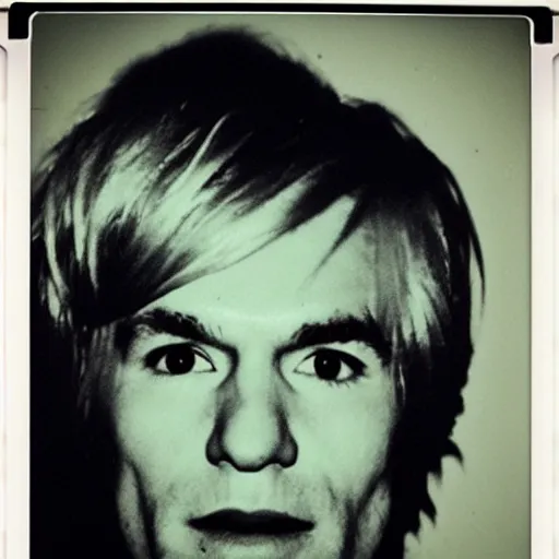 Image similar to Mugshot Portrait of Andy Warhol, taken in the 1970s, photo taken on a 1970s polaroid camera, grainy, real life, hyperrealistic, ultra realistic, realistic, highly detailed, epic, HD quality, 8k resolution, body and headshot, film still, front facing, front view, headshot and bodyshot, detailed face, very detailed face