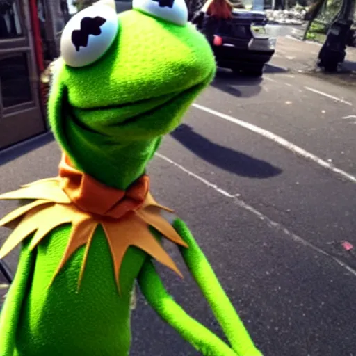 Prompt: kermit the frog accidentally takes a selfie while dropping his phone