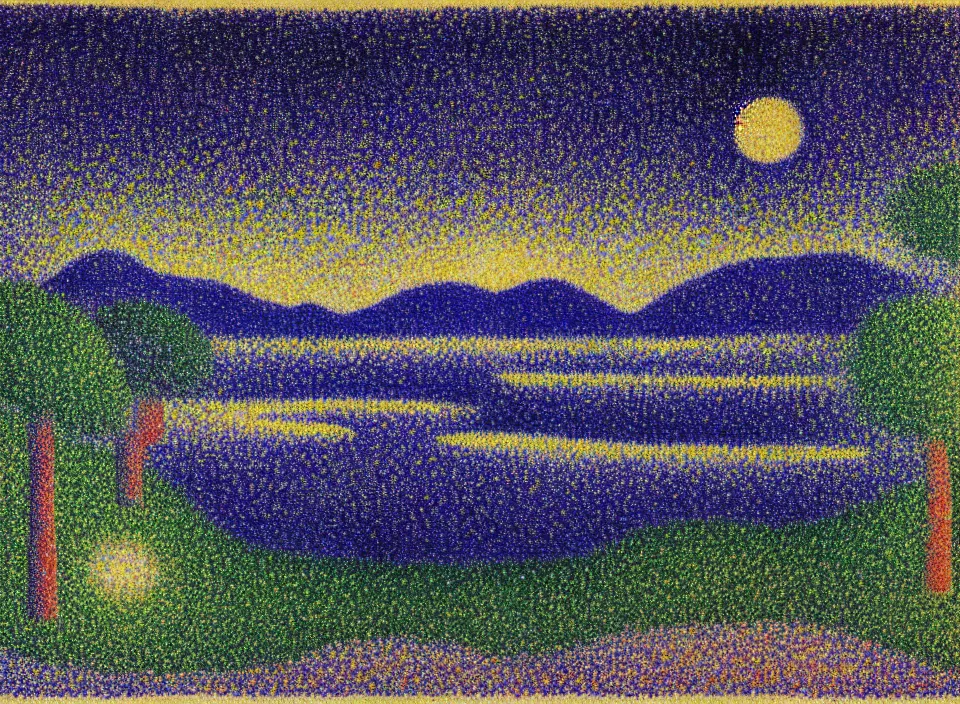 Prompt: a peaceful mountain valley with a lake at night, crescent moon, pointillism, style of georges seurat and paul signac, 4 : 3 aspects