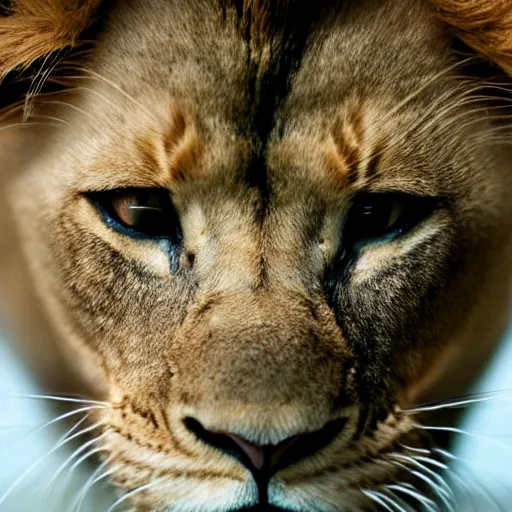 Image similar to a tiny lion peeking his head out of a coffee mug, close up shot.