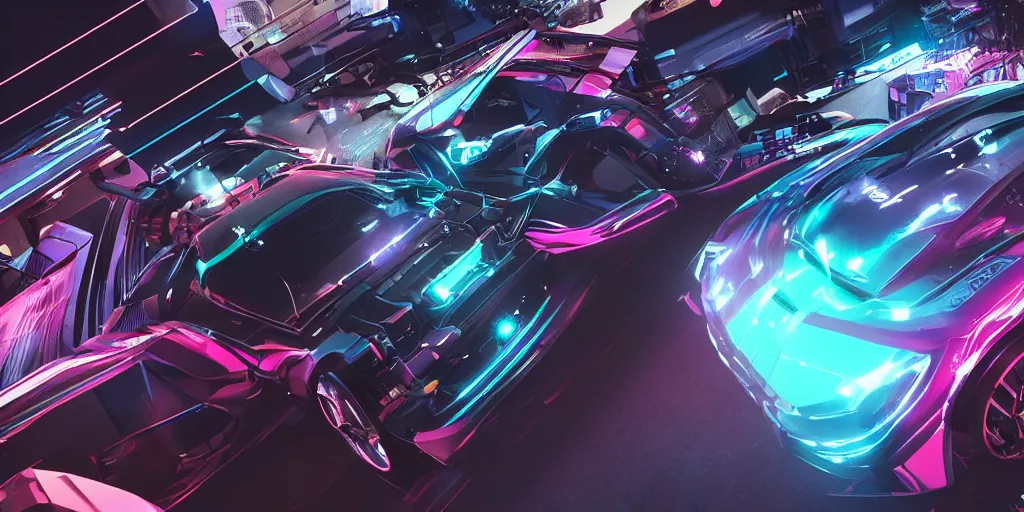 Image similar to quantum entanglement的synthwave sports car ,by Austin English ,cinema lighting,A bird's-eye view,camera view from above ,Game scene graph , very high detailed Unreal engine