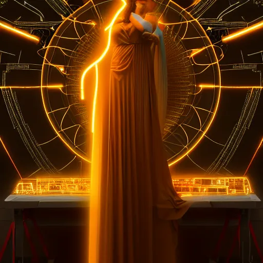 Image similar to the ethereal goddess of technology bestows the gift of circuits to humanity. matte painting. fantastic. velvet and gold. high key studio lighting. fractal dreams. ancient greece, trending on artstation, cgsociety, ps 5, uhd 8 k cryengine