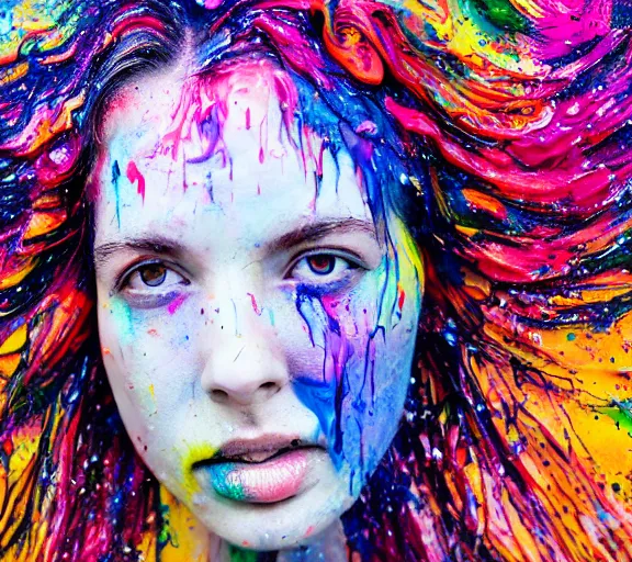 Prompt: still shot footage of a portrait of a female angel's head made of acrylic pour and coloured powder explosion and splashing paint and dripping paint and flying paint chunks, closing eyes, motion blur, hyperrealistic, medical, intricate art photography, anatomically correct, realistic crisp textures, 1 6 k