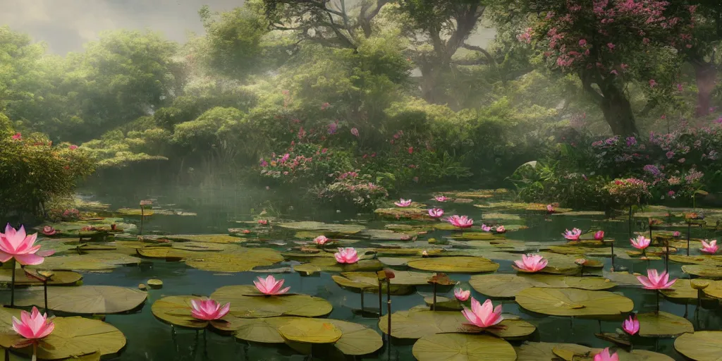 Prompt: dreamy pond full of lotus flowers, concept art, render by octane and blender, hyper realistic, cinematic lighting, unreal engin 5, by krenz cushart, 8 k, vray render, artstation, deviantart