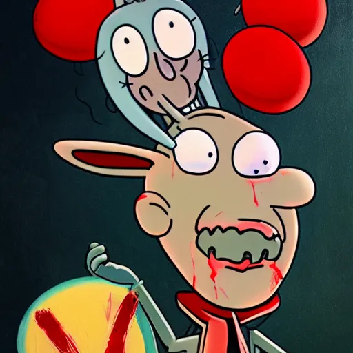 Image similar to grunge painting of bugs bunny with a wide smile and a red balloon screenshot from rick and morty, creepy lighting, horror theme, detailed, elegant, intricate, conceptual