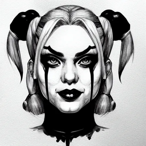 Image similar to harley quinn headshot portrait drawn in black and white watercolor, manga panel style, wlop, trending on artstation