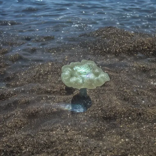 Prompt: a grainy photo of a mysterious cnidarian in the tide pools at a foggy beach