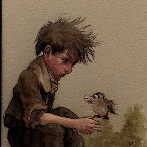 Prompt: a muted color watercolor sketch of a little person story book character ifrom the book Baltimore & Redingote by Jean-Baptiste Monge of an old man in the style of by Jean-Baptiste Monge that looks like its by Jean-Baptiste Monge and refencing Jean-Baptiste Monge