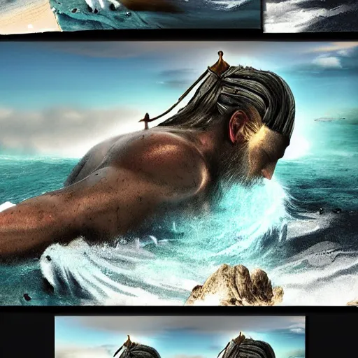 Image similar to Poseidon, the god of the sea, matte painting, photorealistic, dark colors