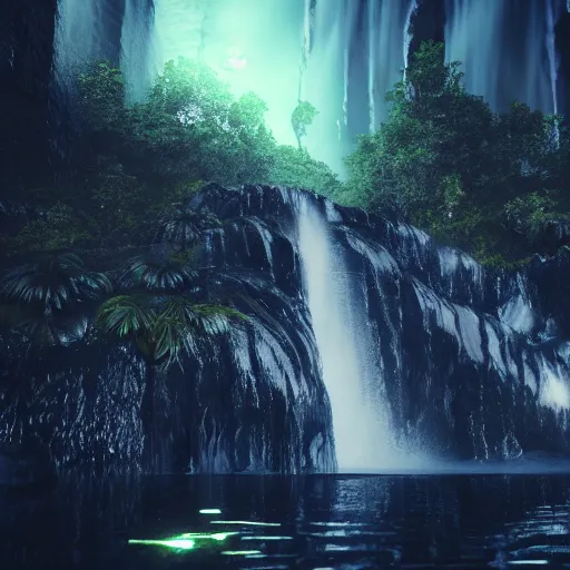 Prompt: full shot of darkness waterfall at moonlight, inspired by Tim Burton, detailed, octane render, unreal engine 4k volumetric light, fog, darkness background