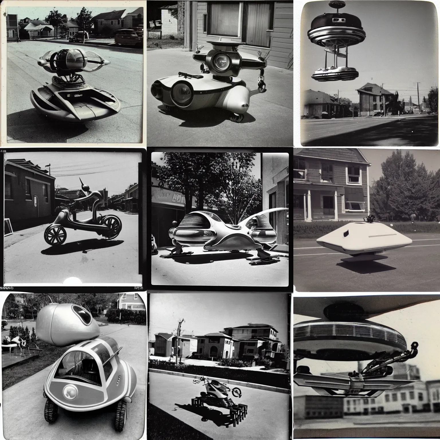 Prompt: old polaroid from 1 9 5 2 depicting an intricate futuristic hover bike, above a street, in an american suburb, sunny day