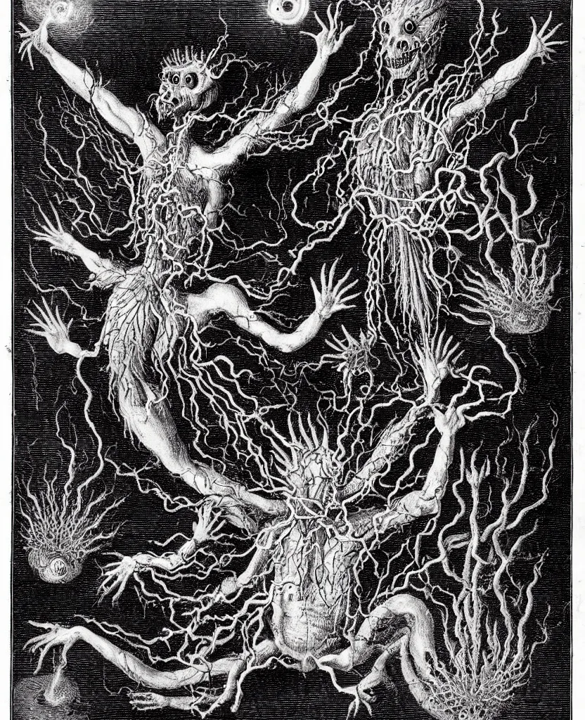 Image similar to fiery freaky creature sings a unique canto about'as above so below'being ignited by the spirit of haeckel and robert fludd, breakthrough is iminent, glory be to the magic within