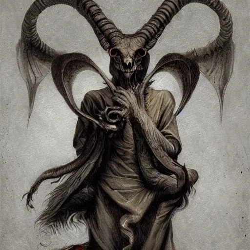 Image similar to baphomet with goat horns holding an animal skull, style of da vinci, horror, fantasy illustration, by greg rutkowski