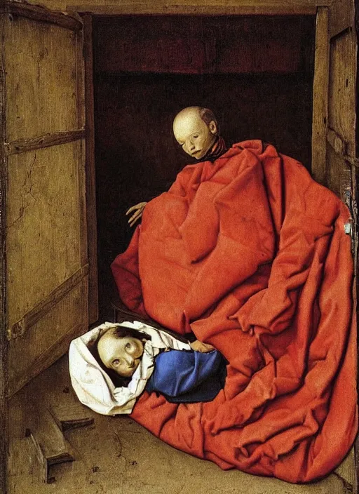 Image similar to Unconscious 10 years old boy dressed in some rags curled up into a ball, he clung to the side of the wagon, medieval painting by Jan van Eyck, Florence