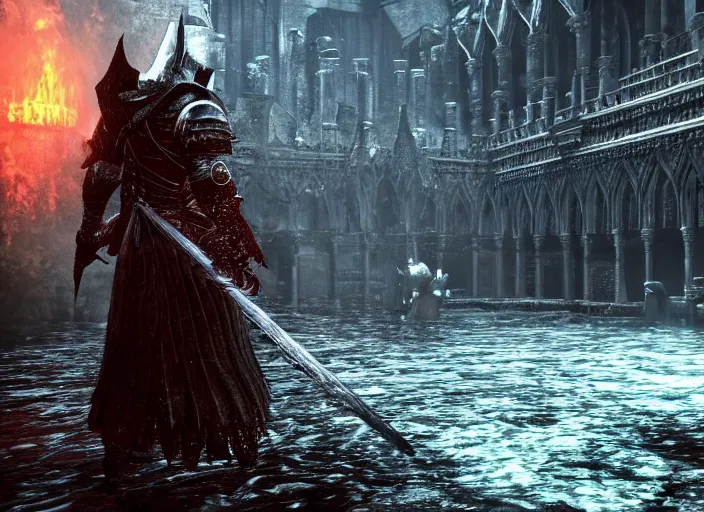 Prompt: Dark Souls game screens, under water, The Grand Palace of Anor londo under water. PlayStation 4