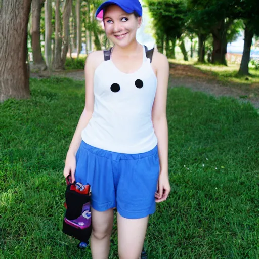 Prompt: Extremely Happy Blue Eyed Female Anime Pokemon Trainer wearing light summer clothing