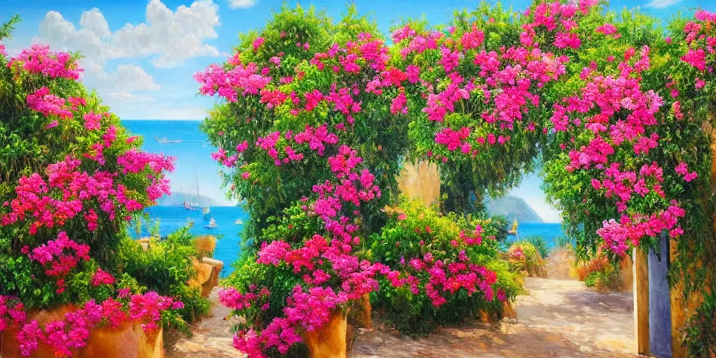 Image similar to beautiful hyper realistic oil painting of a provencal landscape with bougainvillea and near the sea